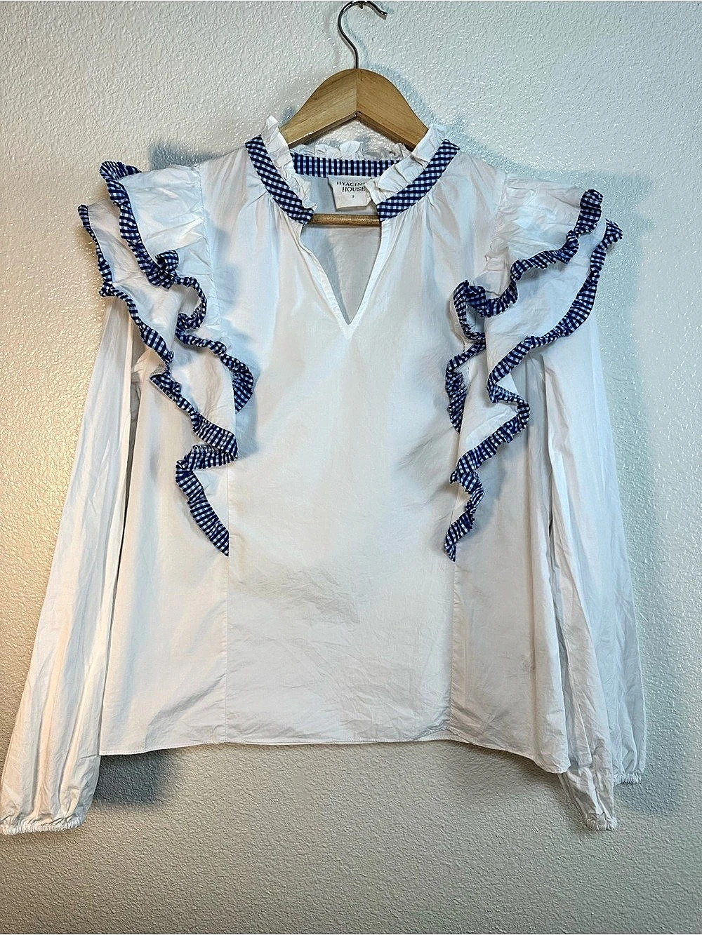 Tuckernuck Hyacinth House Holly Blouse Gingham Ruffle White & Blue Small cotton